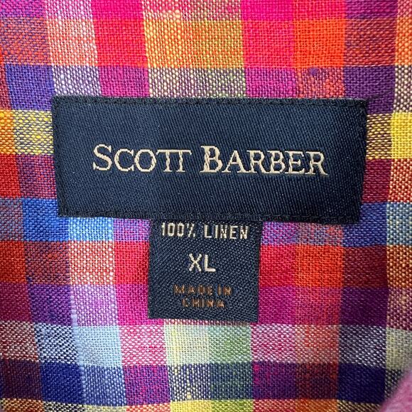 Scott Barber Shirt Mens XL Linen Plaid Rainbow Colorful Plaid Lightweight - Picture 3 of 5